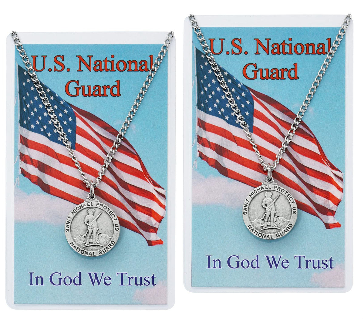 National Guard Pewter Medal with Laminated Holy Card, 24" Silver Tone Chain, 2-count Pack. # 21348