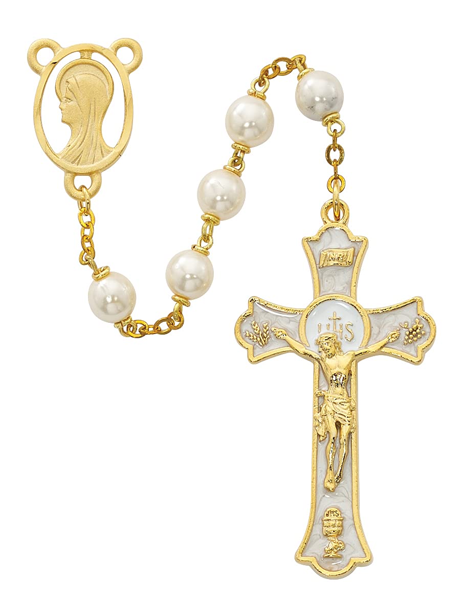Holy Mass Rosary, 7mm Glass Pearl Beads, Gold Plated Pewter Center and 2" Enameled Crucifix # 21246