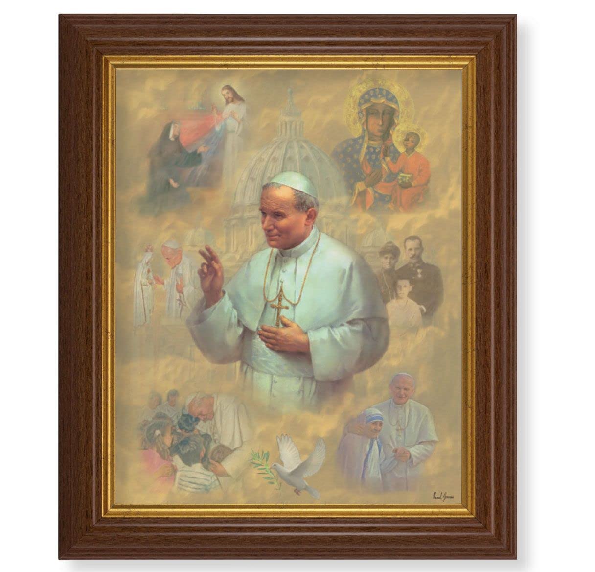 St. John Paul II Collage, 10.5"x12.5" Walnut Finished Fluted Frame, Gold Beaded Lip, Italian Print # 27056