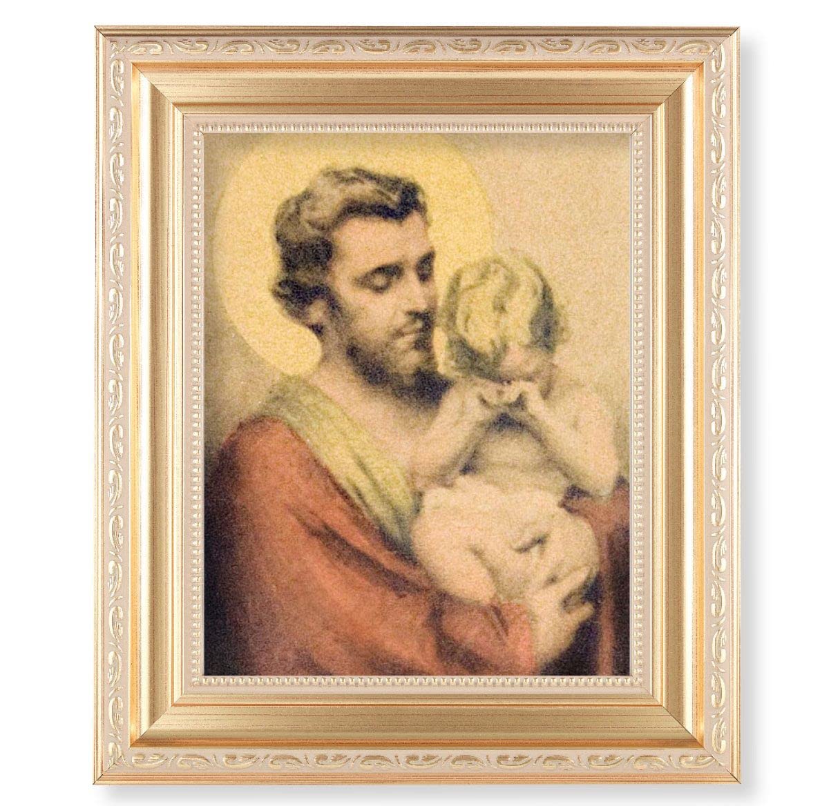 Chambers: St. Joseph with Crying Jesus, 11.5"x13.5" Satin Gold Frame, Distressed Finish with Scrollwork, Italian Print Under Glass # 26515