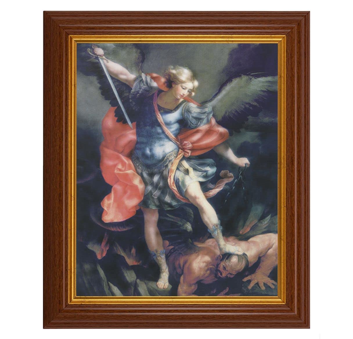 St. Michael, 10.5"x12.5" Walnut Finished Fluted Frame, Gold Beaded Lip, Italian Print # 27035