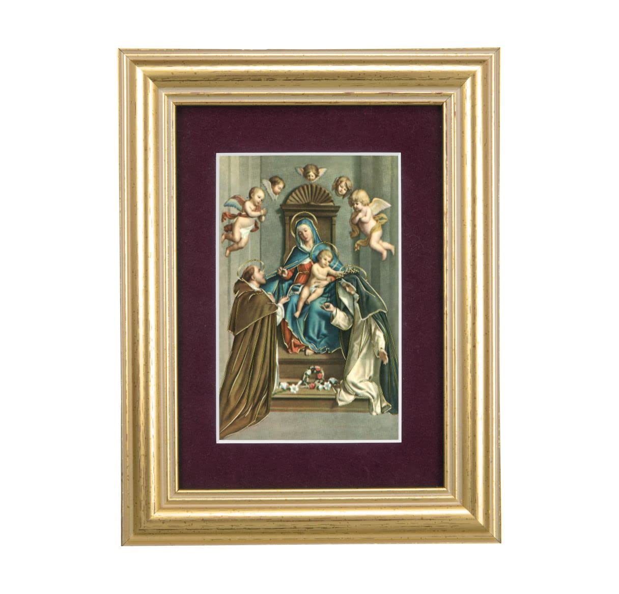 St. Dominic Receiving Rosary from Mary Picture, 5"x6.5" Antique Gold Fluted Frame, Behind Maroon Velvet Matting # 28316