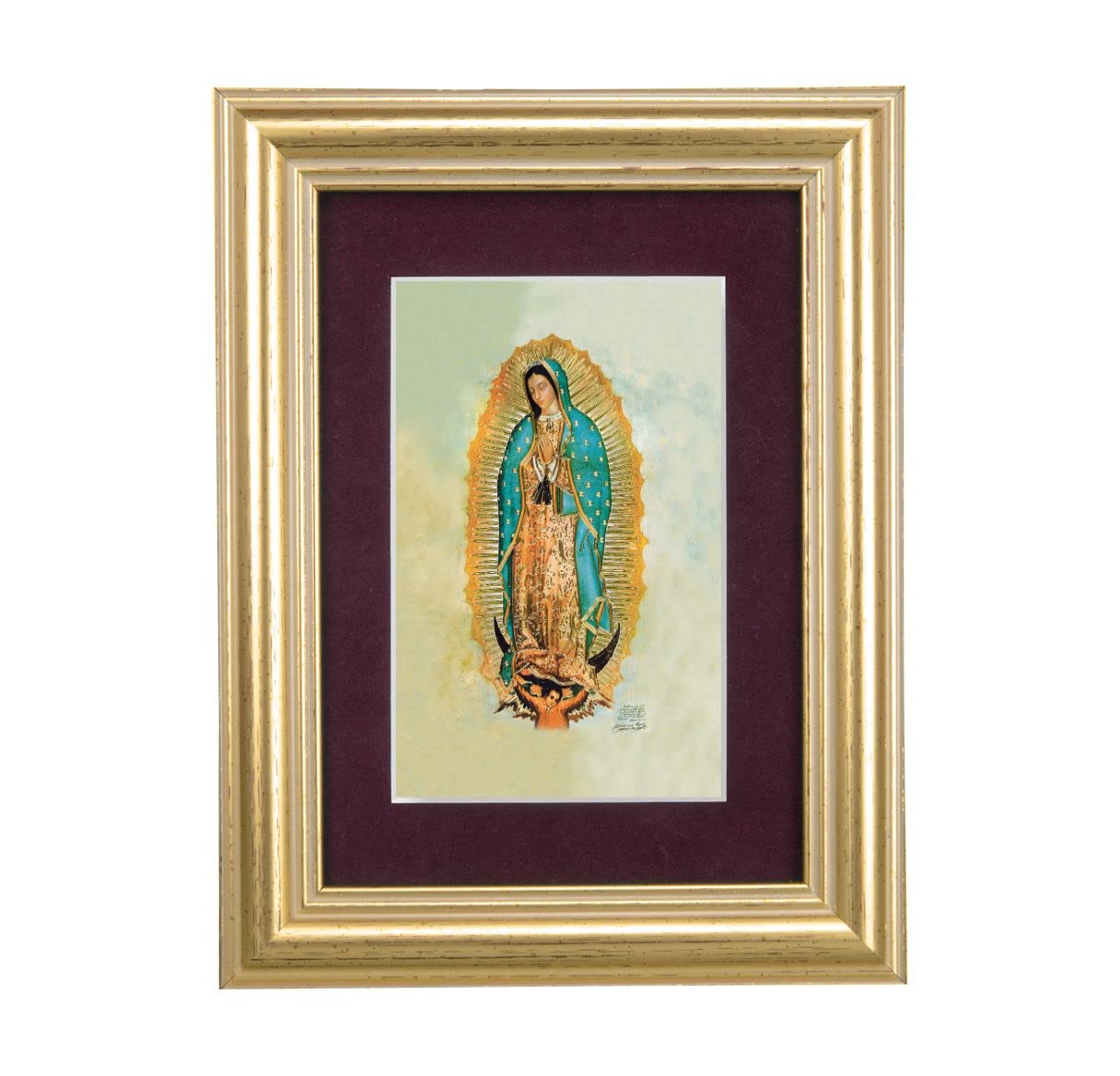 Our Lady of Guadalupe Picture, 5"x6.5" Antique Gold Fluted Frame, Behind Maroon Velvet Matting # 28295