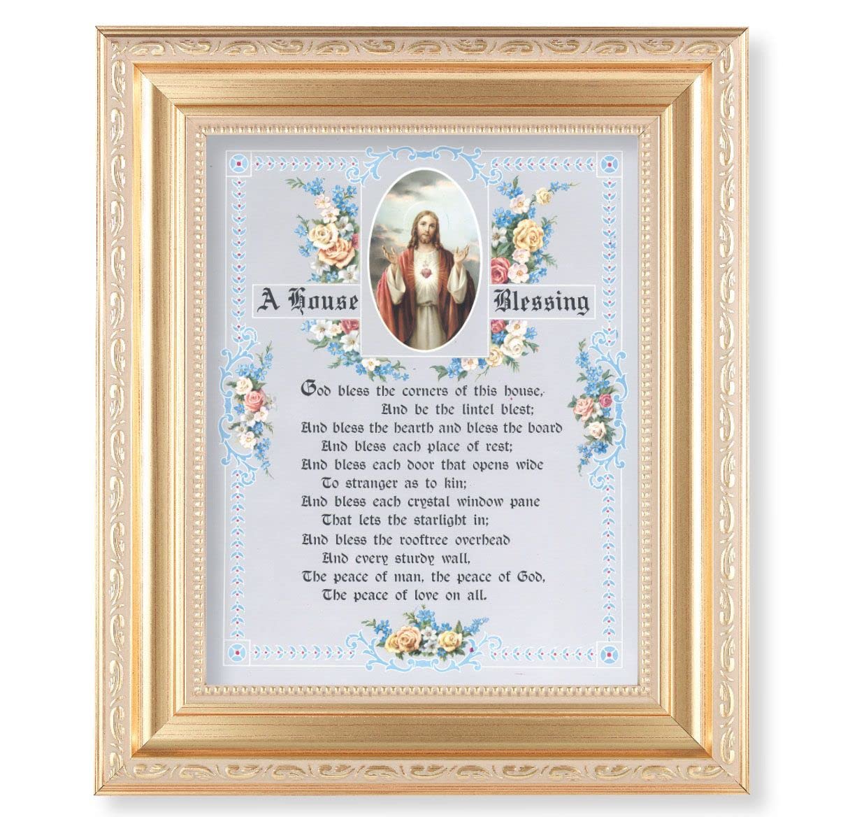 A House Blessing, 11.5"x13.5" Satin Gold Frame, Distressed Finish with Scrollwork, Italian Print Under Glass # 26480