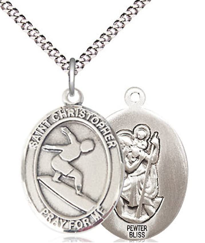 Surfing / St. Christopher Medal in Fine Pewter, 3/4", Your Choice of Chain # 17393