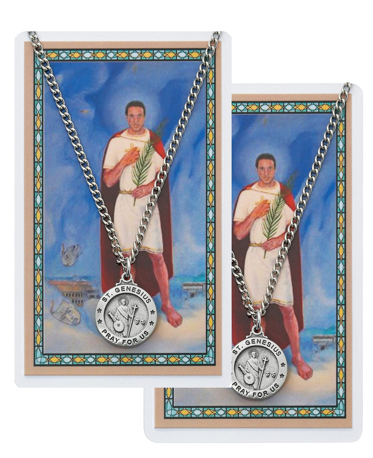 St. Genesius Pewter Medal with Laminated Holy Card, 24" Chain, 2-Count Value Pack. # 21360