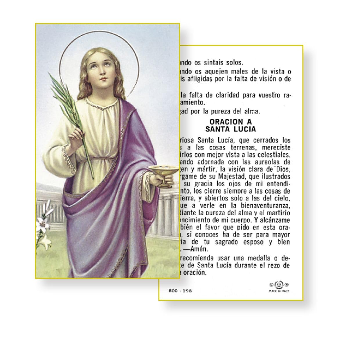 Oracion a Santa Lucia, Paquete de 100 Estampas Sagradas de Papel, # 2968