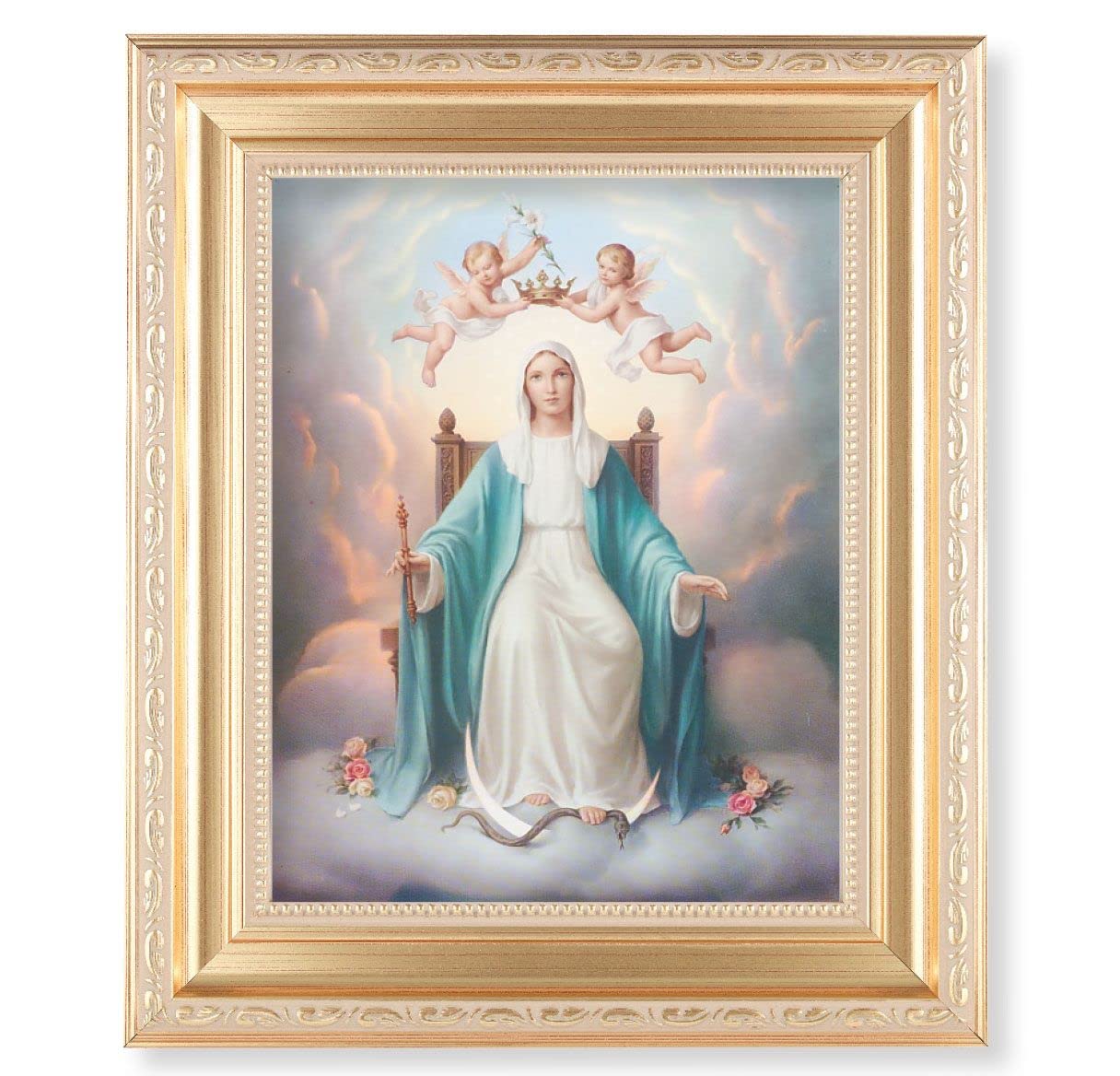 Queen of Heaven, 11.5"x13.5" Satin Gold Frame, Distressed Finish with Scrollwork, Italian Print Under Glass # 26448