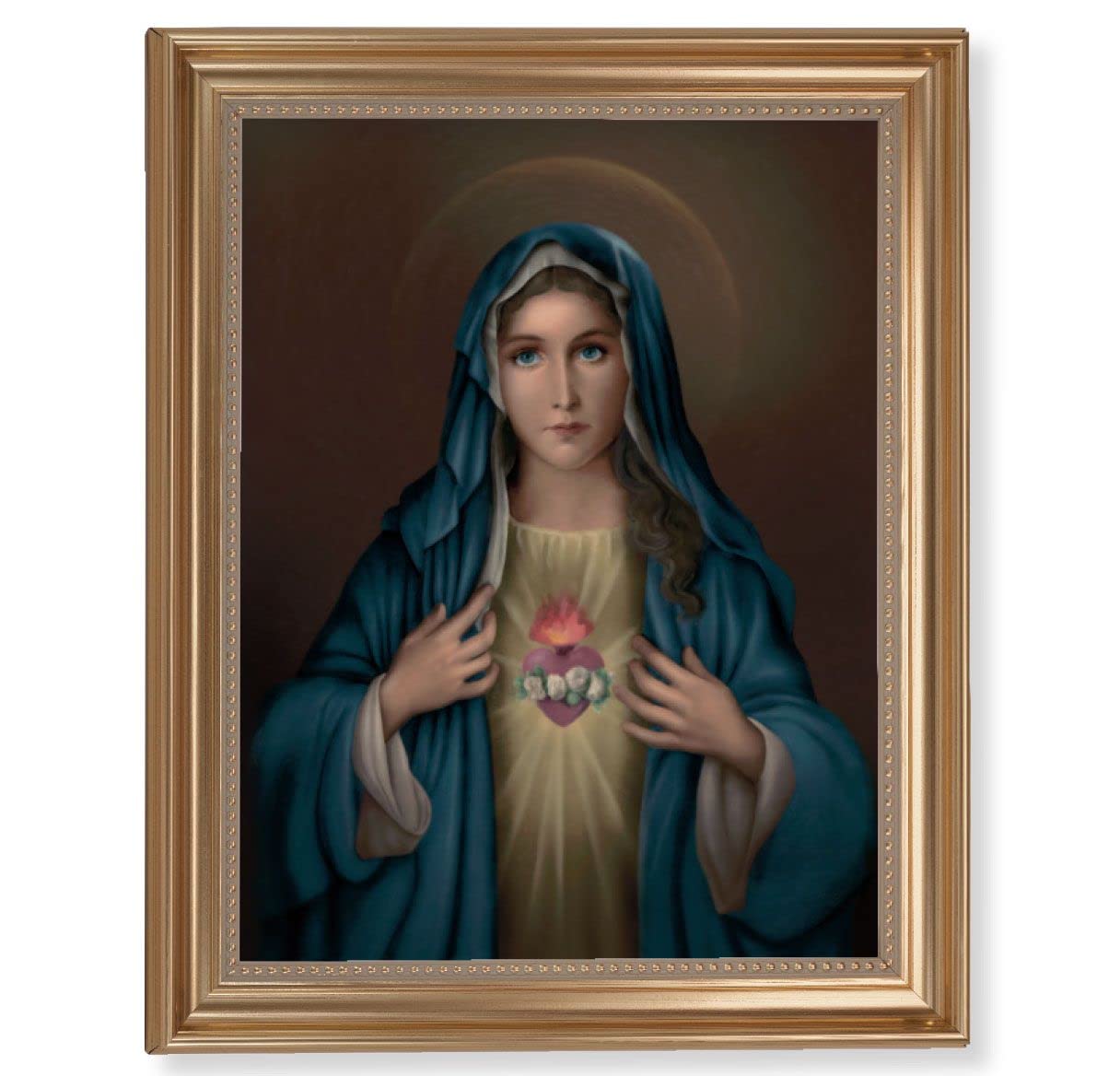 Immaculate Heart of Mary Picture, 13-1/2"x16-9/16 Gold-Leaf Fluted Frame with Beaded Lip, Textured Italian Print # 25248