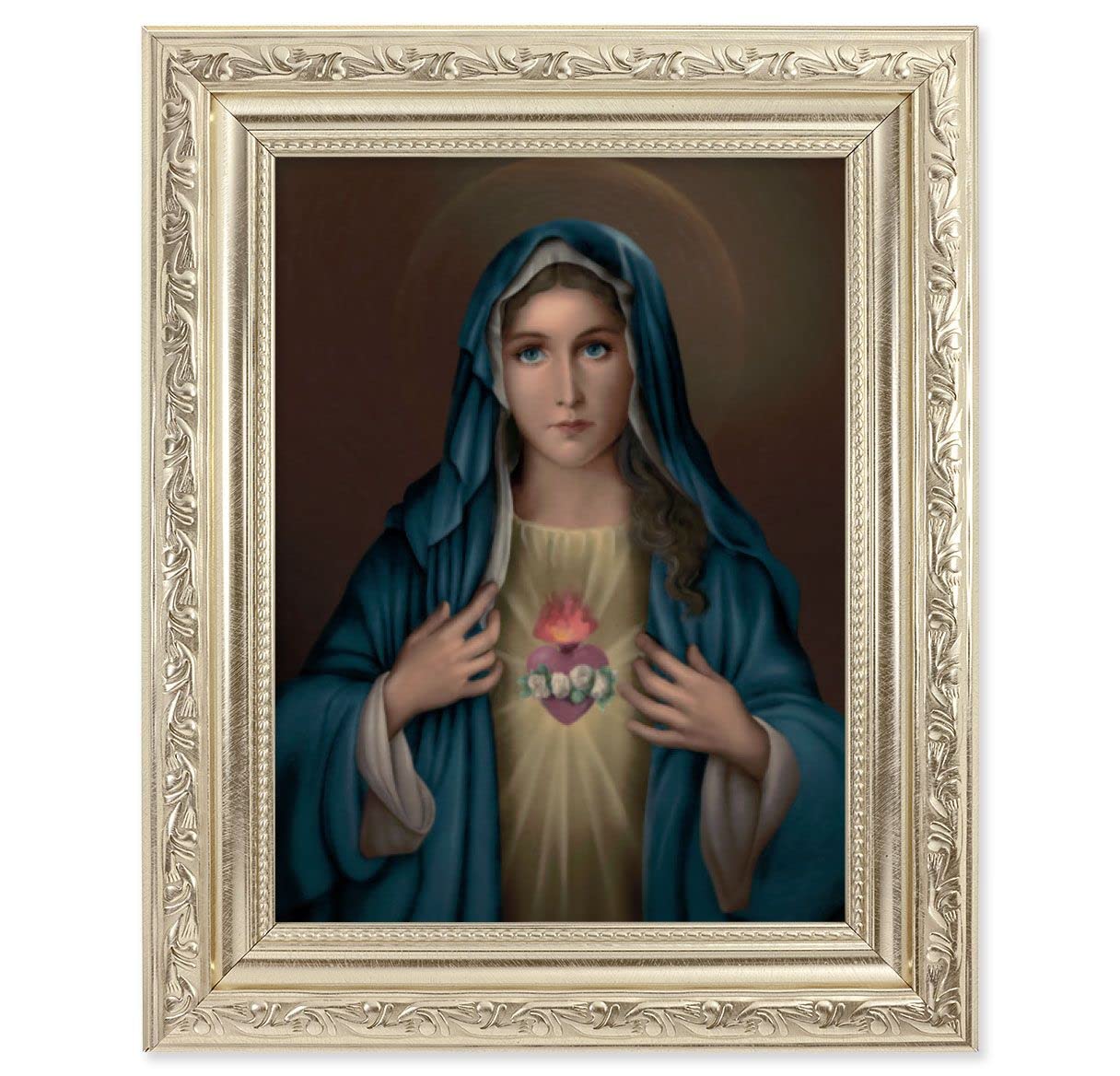 Immaculate Heart of Mary Picture, 8-1/4"x10-1/4 Antique Silver Finish with Acanthus Leaf Detail Under Glass # 27884