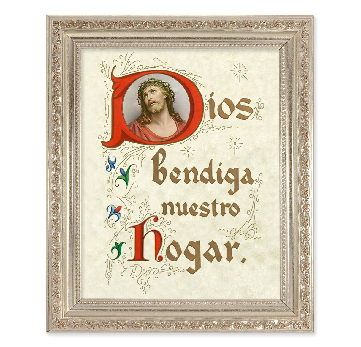 Spanish God Bless Our Home, 10"x12" Antique Silver & Carved Scrollwork Frame, Italian Print Under Glass # 26853