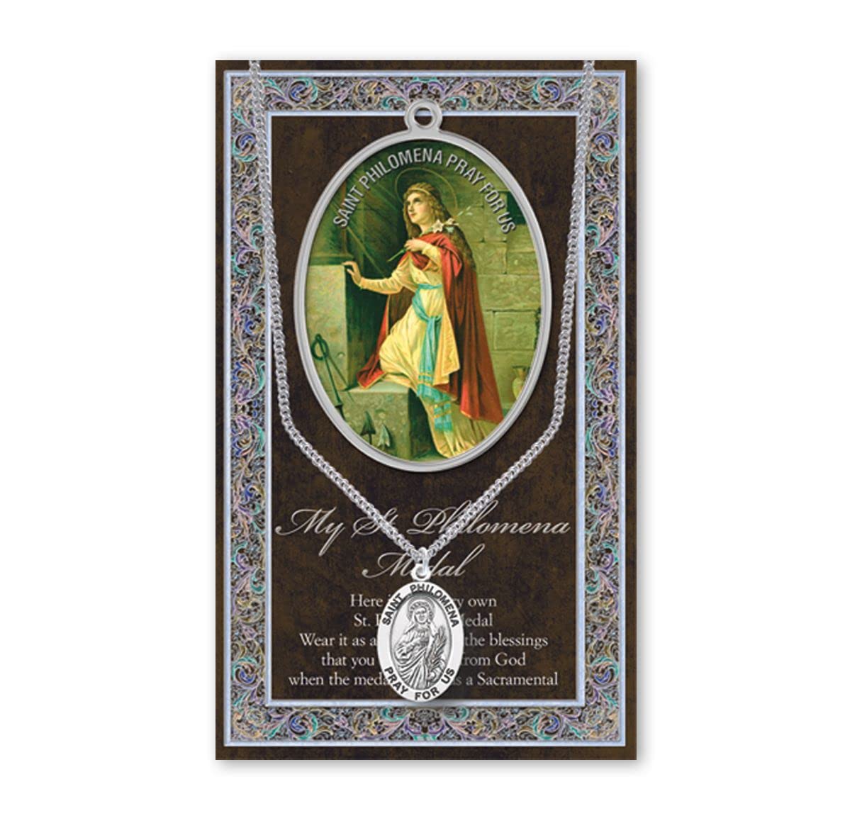 St. Philomena Biography and Folding Picture Card with a Medal & Chain # 93149
