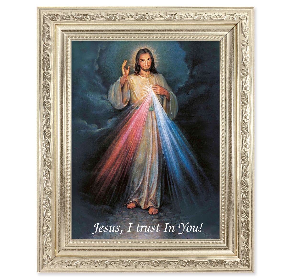 Divine Mercy Picture, 8-1/4"x10-1/4 Antique Silver Finish with Acanthus Leaf Detail Under Glass # 27867