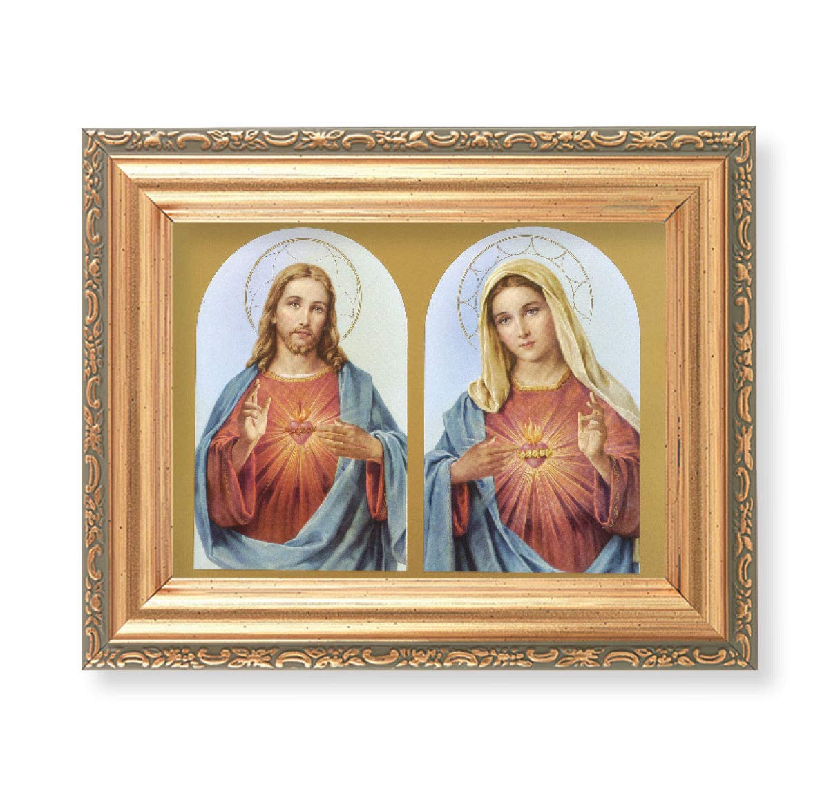 Antique Gold Frame, 5.75"x7.25" overall, Under Glass, Sacred Heart / Immaculate Heart, # 59613