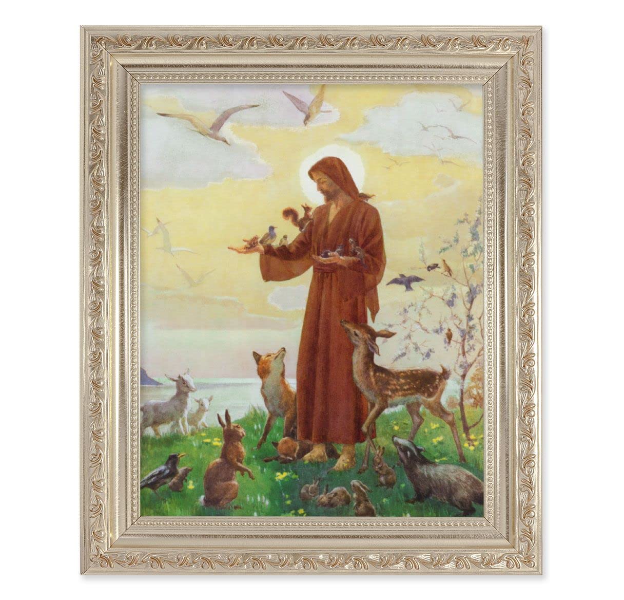 Jesus with Animals Picture, 10"x12" Antique Silver & Carved Scrollwork Frame, Italian Print Under Glass # 26930