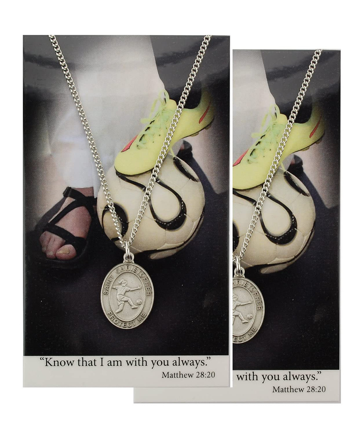 Girls Soccer Pewter Medal with Laminated Holy Card and 18" Chain, 2-Count Value Pack. # 21412