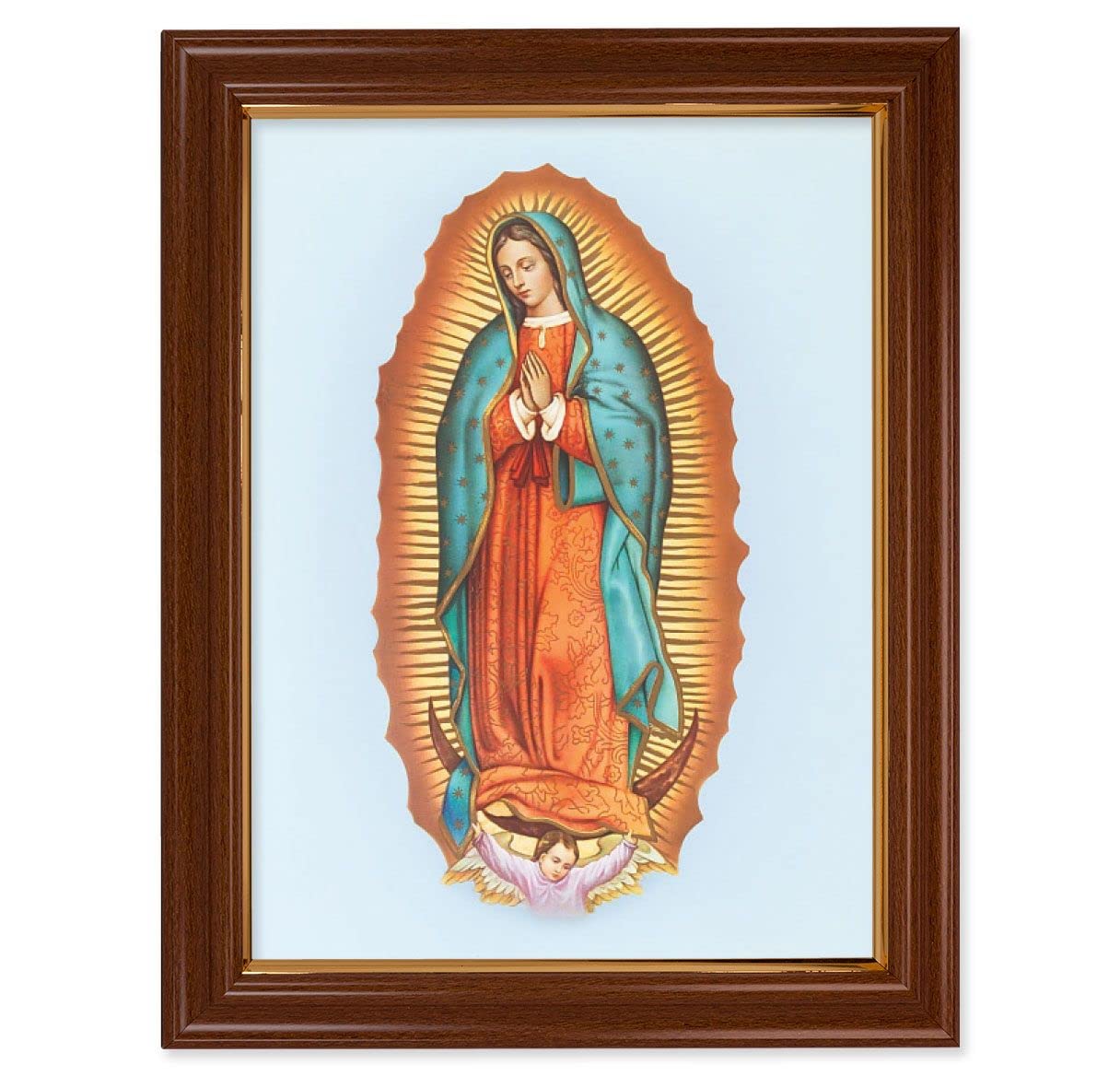 Our Lady of Guadalupe Picture, 15-1/2"x19-1/2 Walnut Finish Frame with Thin Gold Lip, Textured Italian Print # 22238