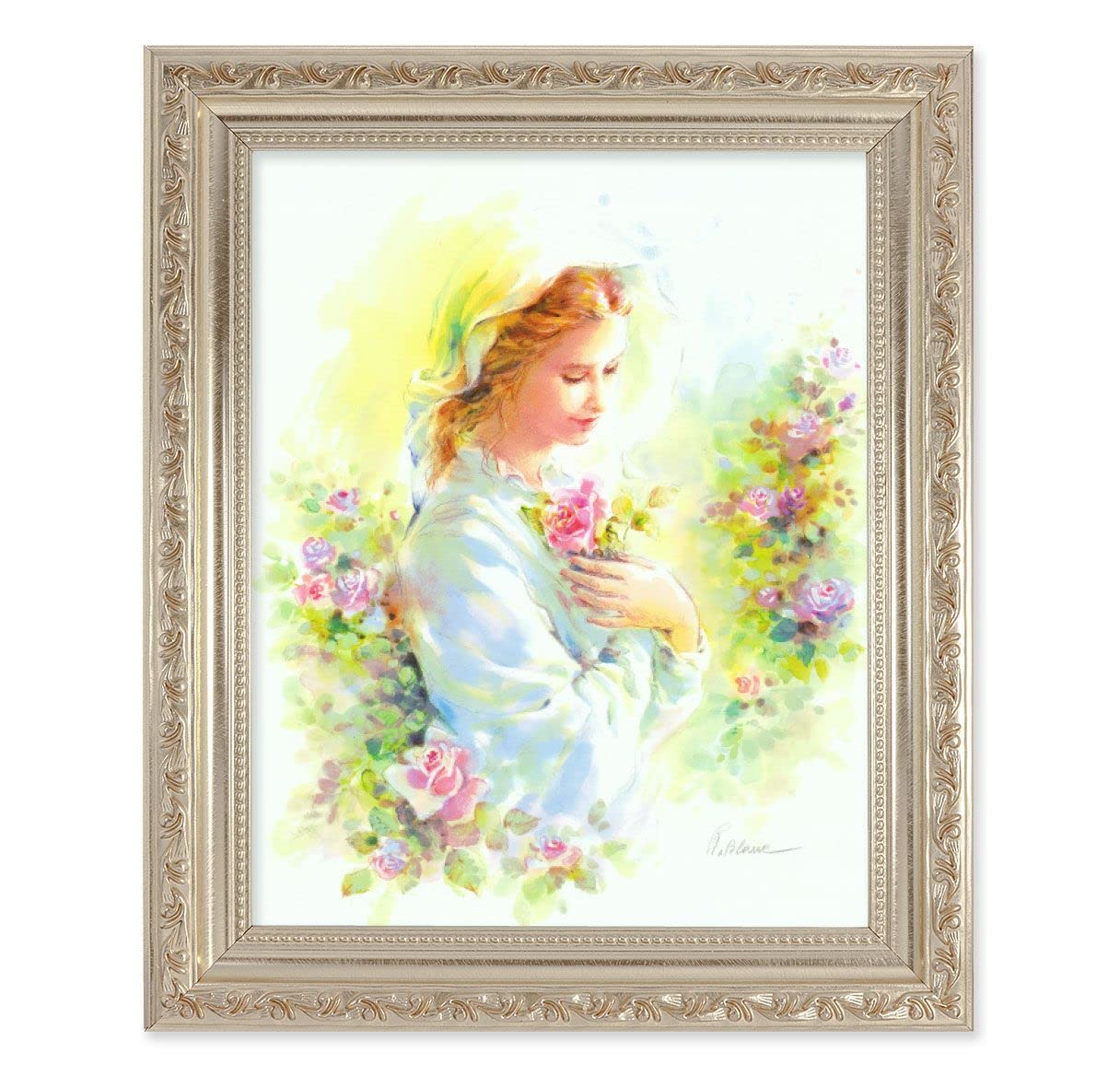 Blanc: Mystical Rose Picture, 10"x12" Antique Silver & Carved Scrollwork Frame, Italian Print Under Glass # 26937