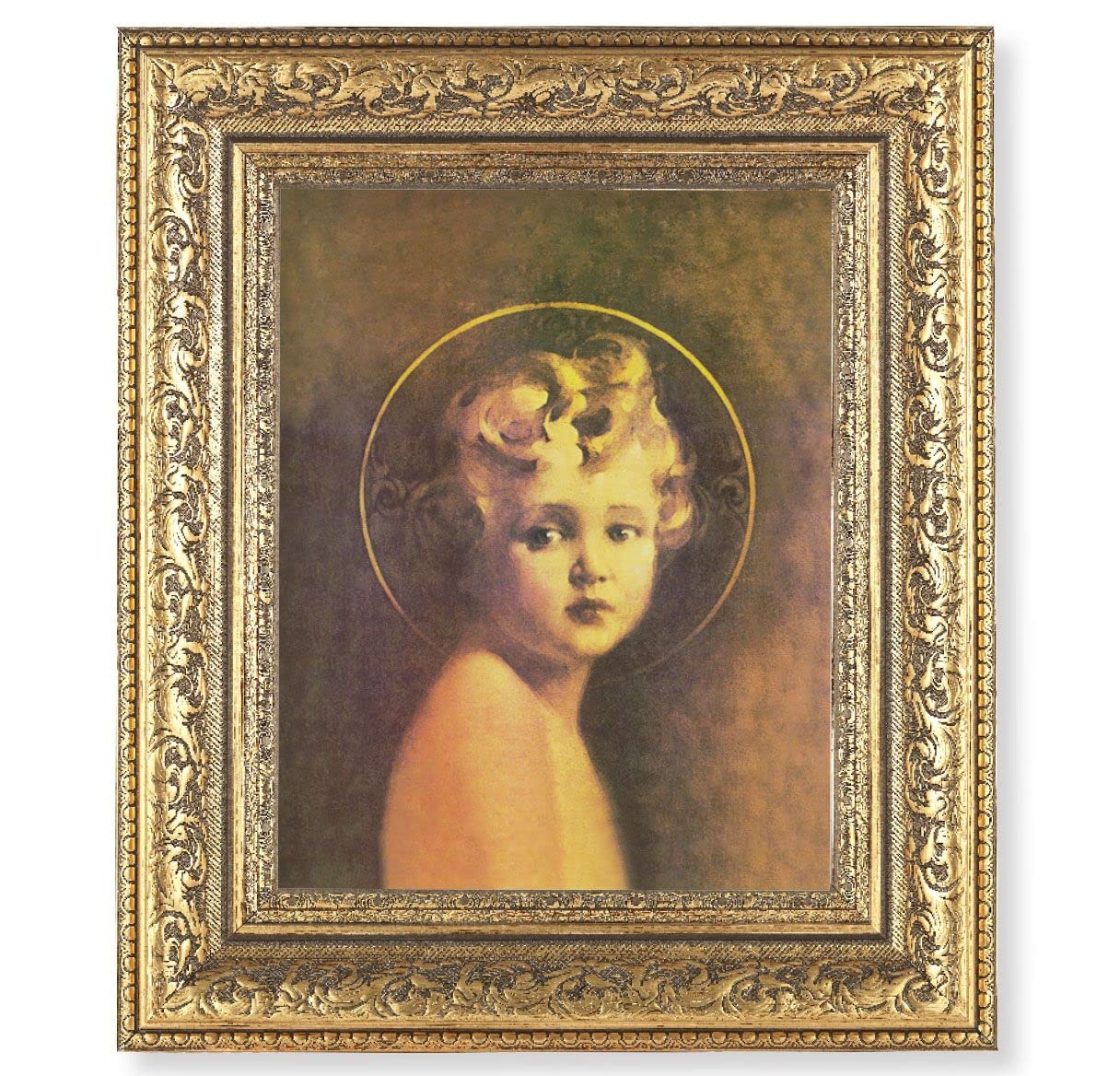 Light of The World Picture, 12-1/2"x14-1/2, Antique Gold Leaf Carvings Ornate Frame, Italian Print Under Glass # 25428