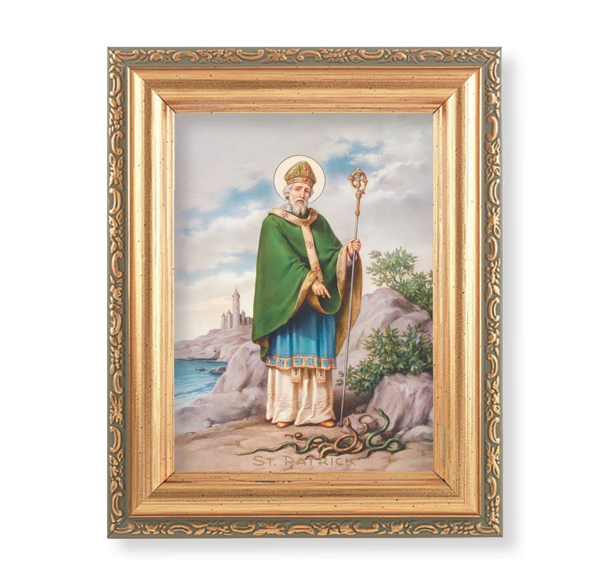 St. Patrick Picture, Antique Gold 5-1/2"x7 Frame with Acanthus-Leaf Edging Under Glass # 28213
