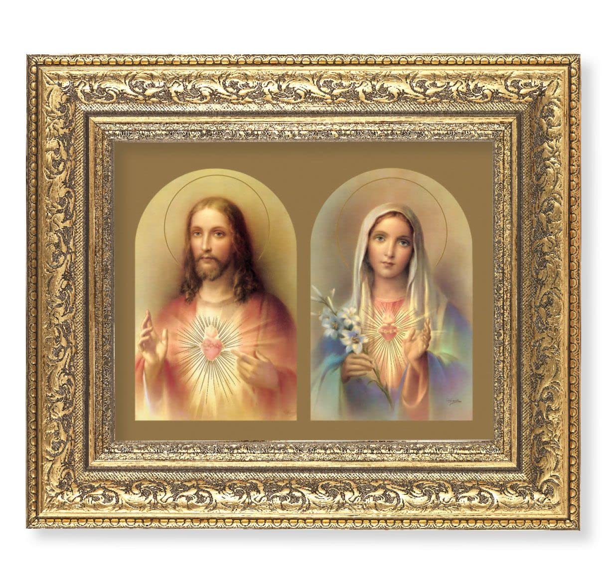The Sacred Hearts Picture, 12-1/2"x14-1/2, Antique Gold Leaf Carvings Ornate Frame, Italian Print Under Glass # 25458