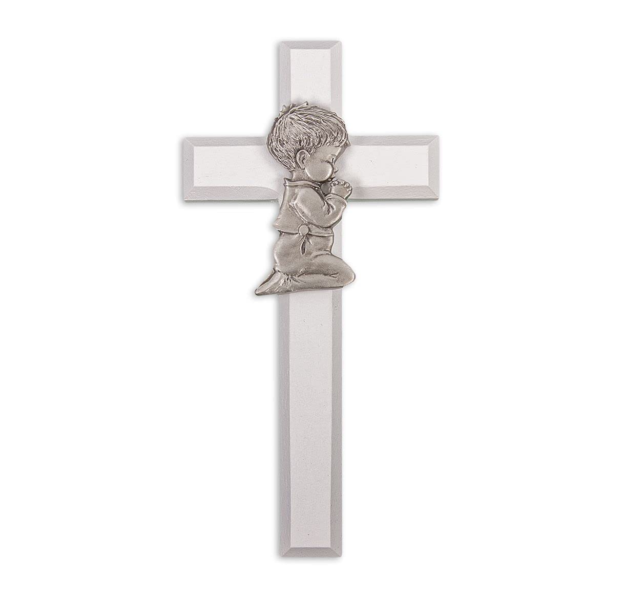 7" WHITE WOOD CROSS, PEWTER PRAYING BOY FIGURE, # 64543