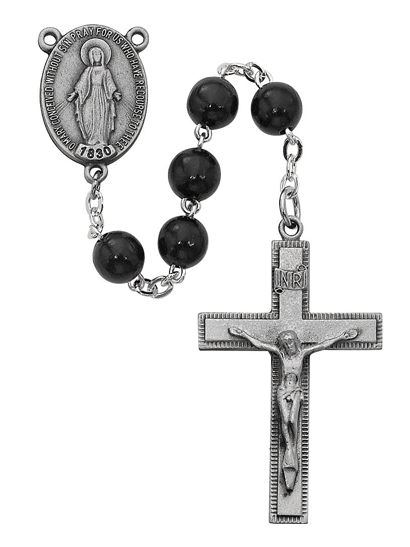 7mm Black Wood Bead Miraculous Medal Rosary, Pewter Center and 1-3/4" Crucifix # 21232