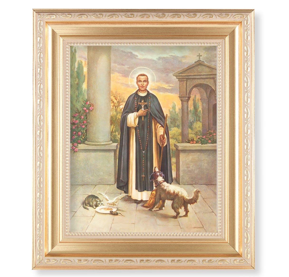 St. Martin DePorres, 11.5"x13.5" Satin Gold Frame, Distressed Finish with Scrollwork, Italian Print Under Glass # 26484