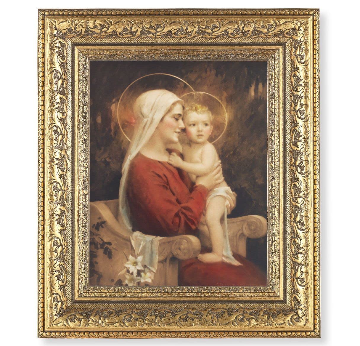 Madonna and Child Picture, 12-1/2"x14-1/2, Antique Gold Leaf Carvings Ornate Frame, Italian Print Under Glass # 25494