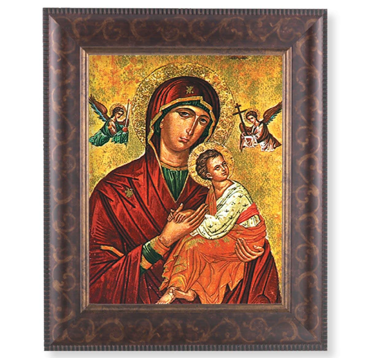 Our Lady of Passion Picture, 11-1/4"x13-1/4, Antique Gold & Espresso Frame, Italian Print Under Glass # 25851