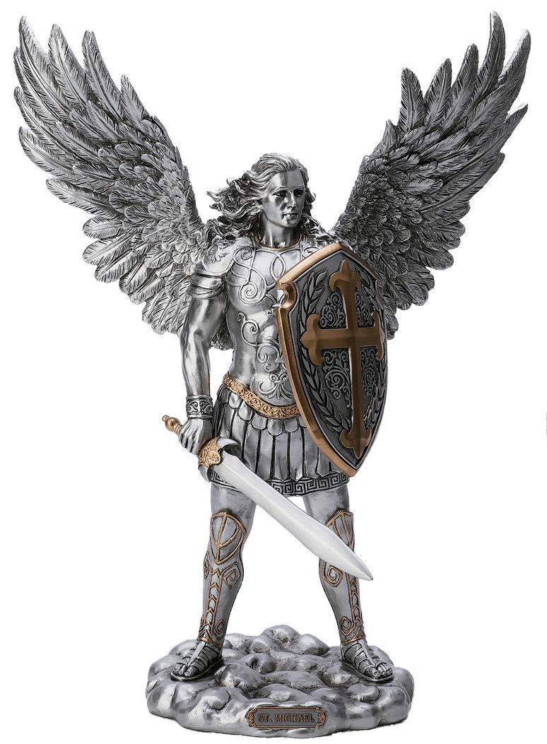 13.5" St. Michael Statue, Pewter Finish Resin, Gold Highlights, # 17894