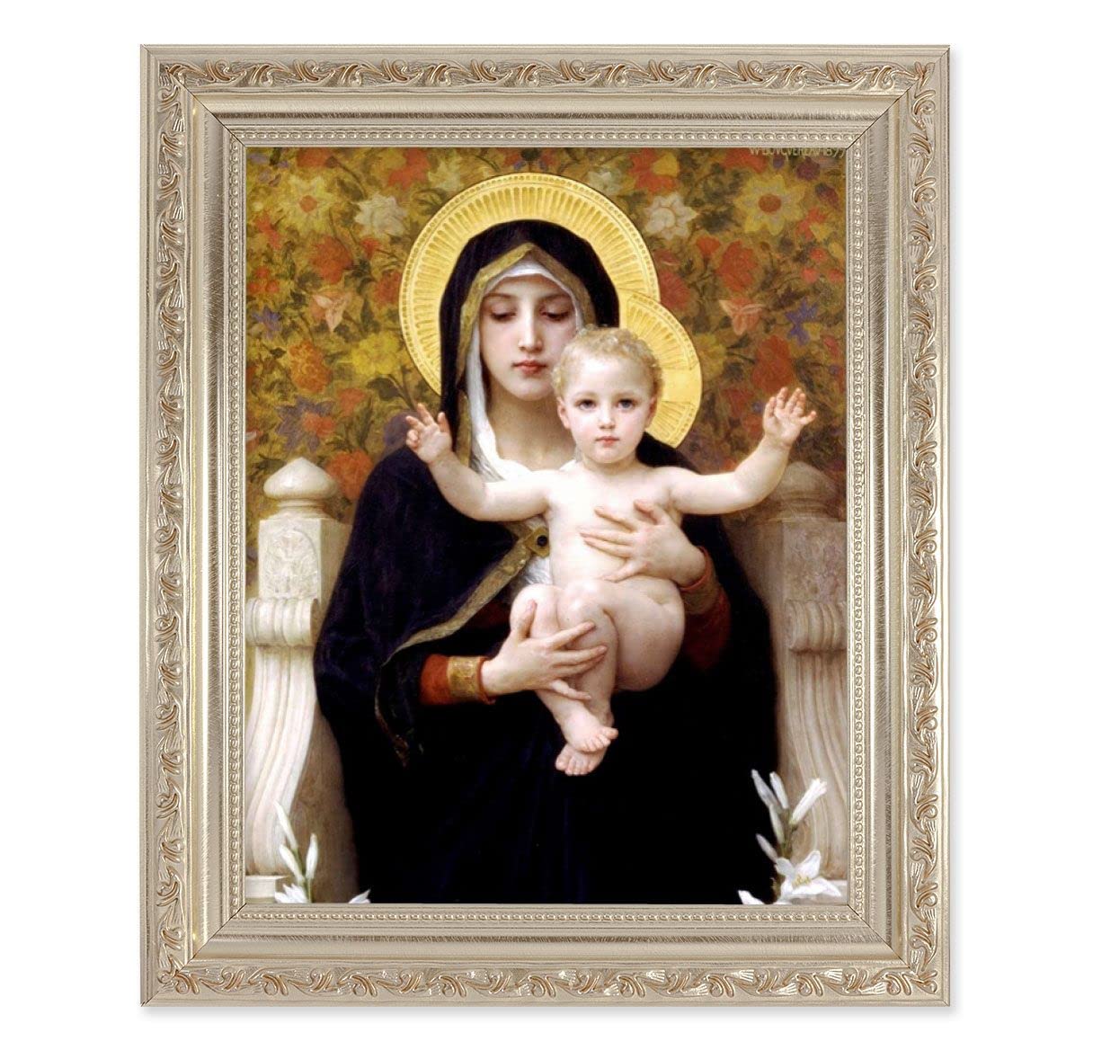 Bouguereau: Madonna of The Lilies, 10"x12" Antique Silver & Carved Scrollwork Frame, Italian Print Under Glass # 26812