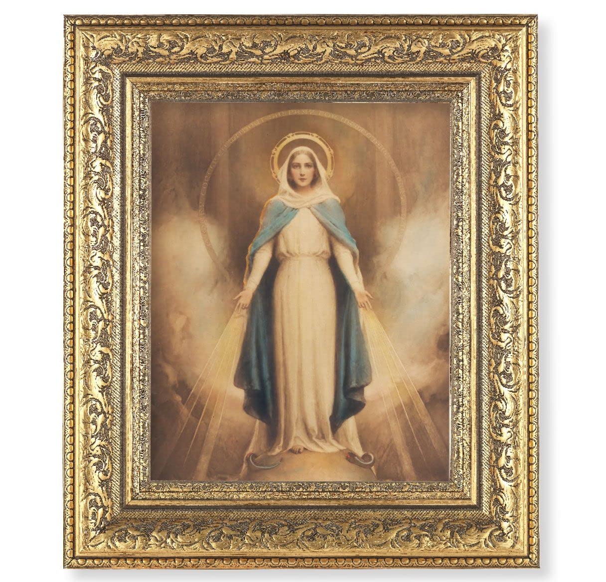 Miraculous Mary Picture, 12-1/2"x14-1/2, Antique Gold Leaf Carvings Ornate Frame, Italian Print Under Glass # 25492
