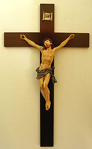Hand Painted Wall Crucifix, Alabaster Figure on Wood Cross, 39.5", Made in Italy, # 21144