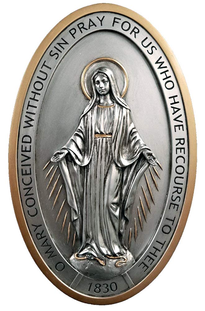 8" Miraculous Medal Plaque, Pewter Finished Resin, # 7724