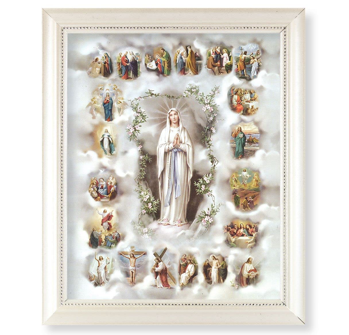 Mysteries of The Rosary Picture, Pearlized White 9-1/2"x11-1/2 Frame, Beaded Lip, Under Glass # 28096