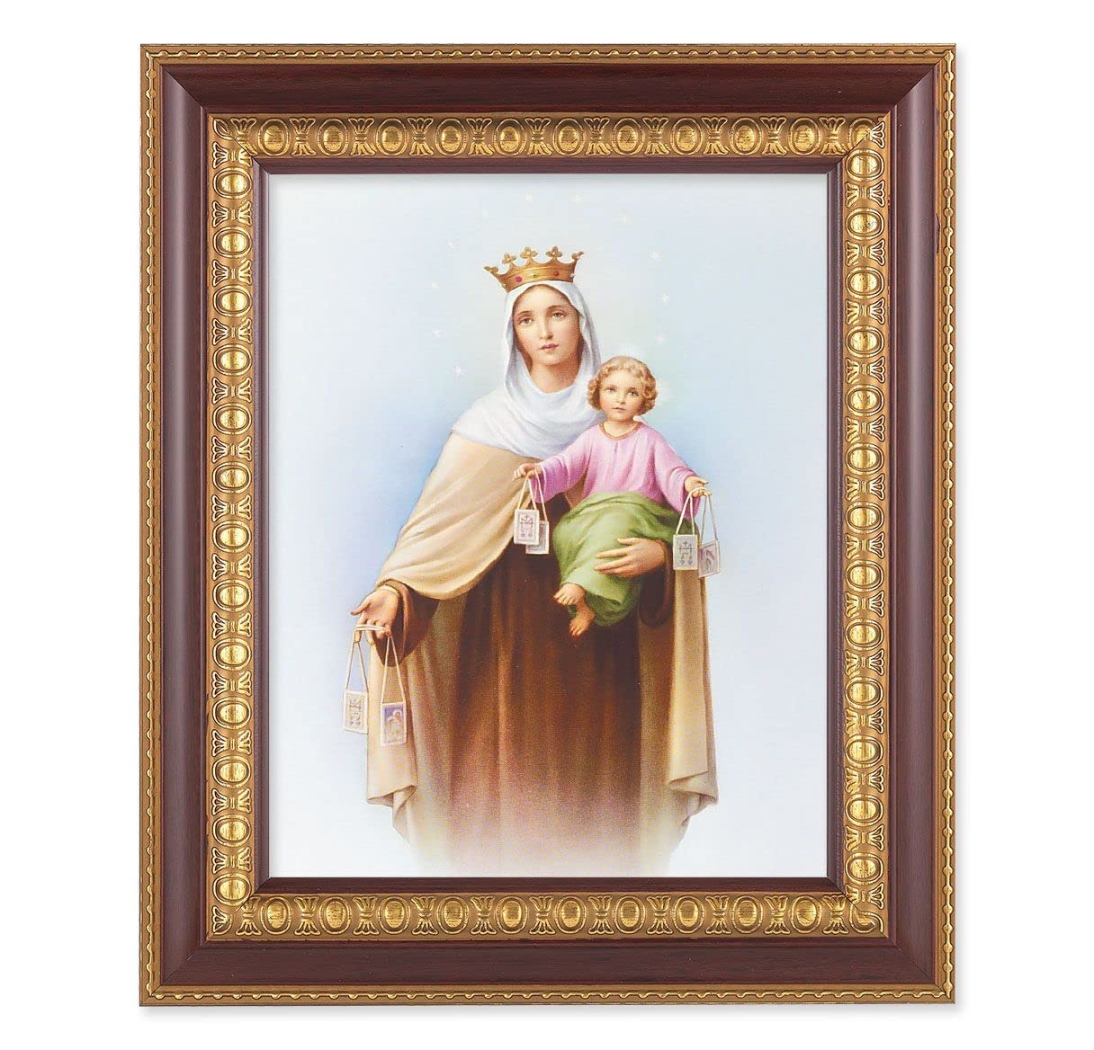 Our Lady of Mount Carmel, 11-1/2"x13-1/2, Cherry Finish with Gold Egg & Dart Frame, Italian Print Under Glass # 25994