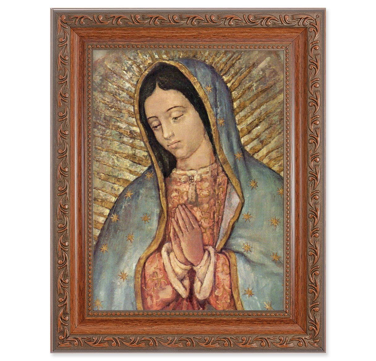 Our Lady of Guadalupe Picture, 8-1/4"x10-1/4 Mahogany Finish with Acanthus Leaf Detail Under Glass # 27815