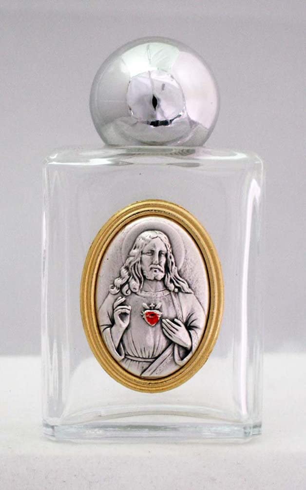 Sacred Heart of Jesus Glass 1.5oz Holy Water Bottle, 1-3/4" x 2-1/4", Made in Italy, 4-Count Value Pack, 96191
