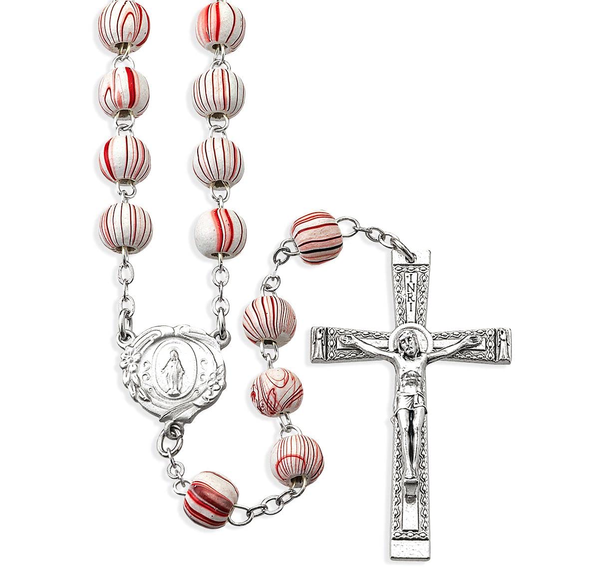8mm Stripe Painted Wood Rosary, Red, # 55538