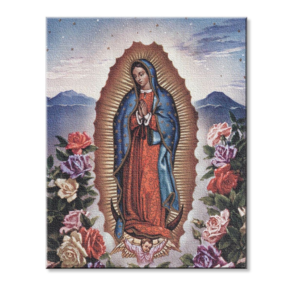 Our Lady of Guadalupe with Roses Print on Stretched Canvas, Mounted on 8"x10" Frame, Made in Italy # 28543