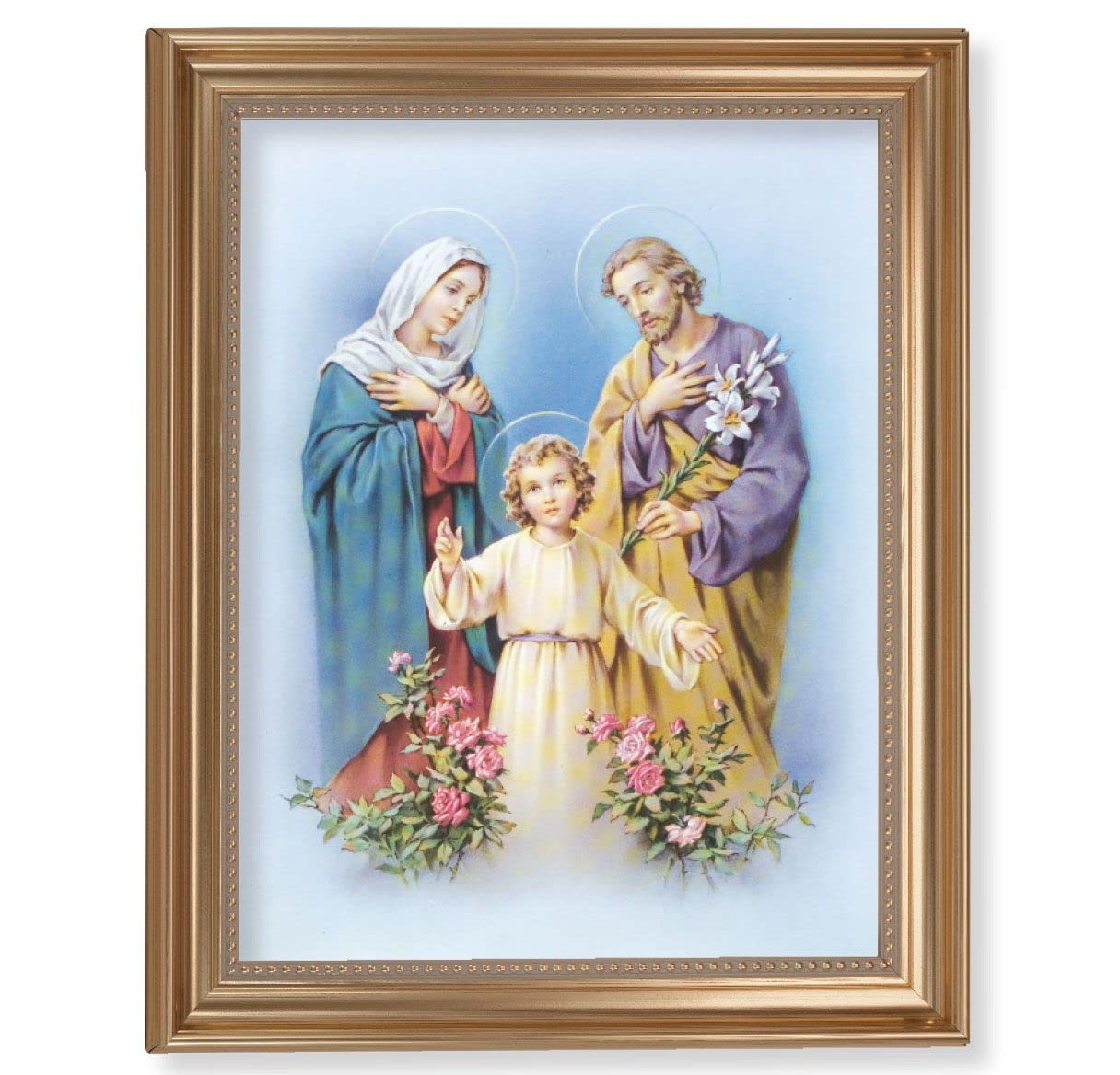 Holy Family Picture, 13-1/2"x16-9/16 Gold-Leaf Fluted Frame with Beaded Lip, Textured Italian Print # 25292