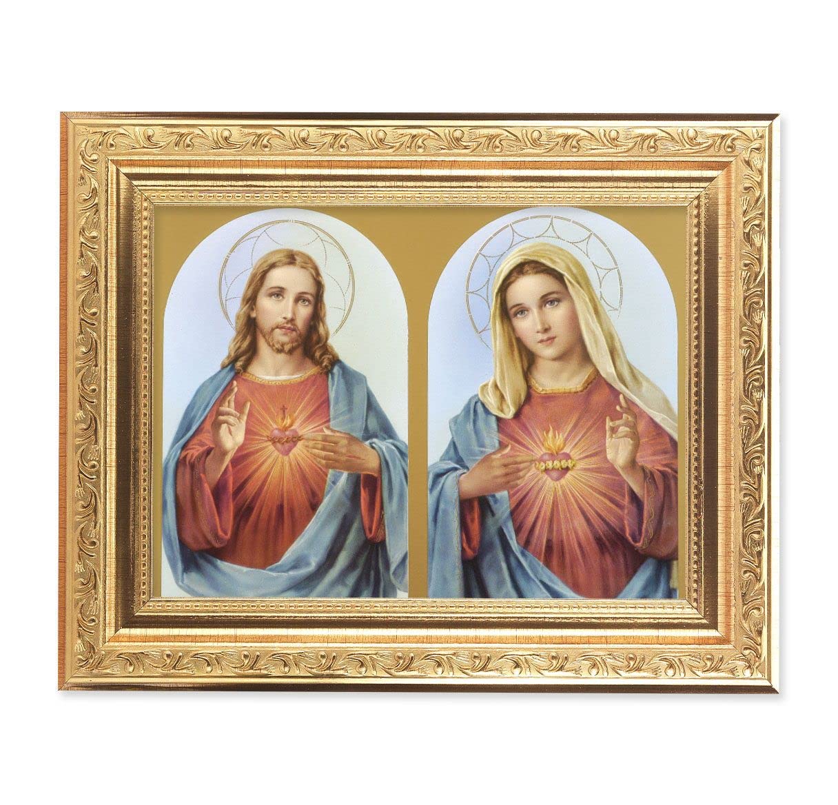 The Sacred Hearts Picture, 8-1/4"x10-1/4 Gold-Leaf Finish Acanthus Leaf Detail Under Glass # 27678