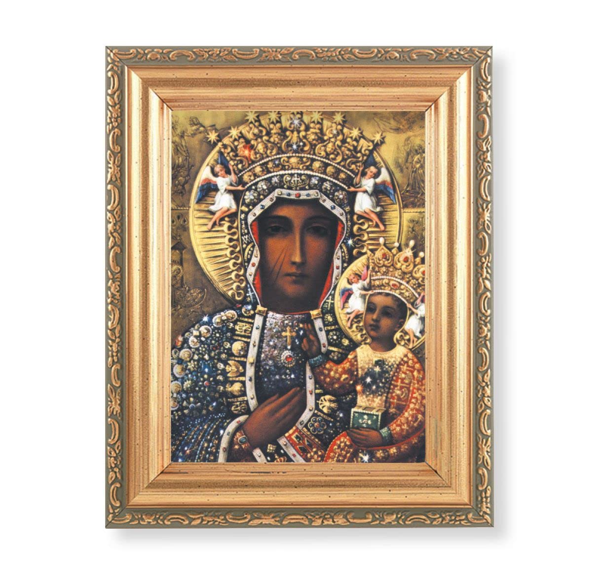 Our Lady of Czestochowa Picture, Antique Gold 5-1/2"x7 Frame with Acanthus-Leaf Edging Under Glass # 28172
