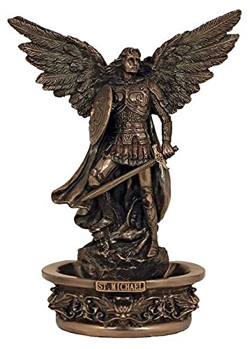 St. Michael The Archangel Holy Water Font, Stands or Hangs, Cold Cast Bronze, 7", # 21176