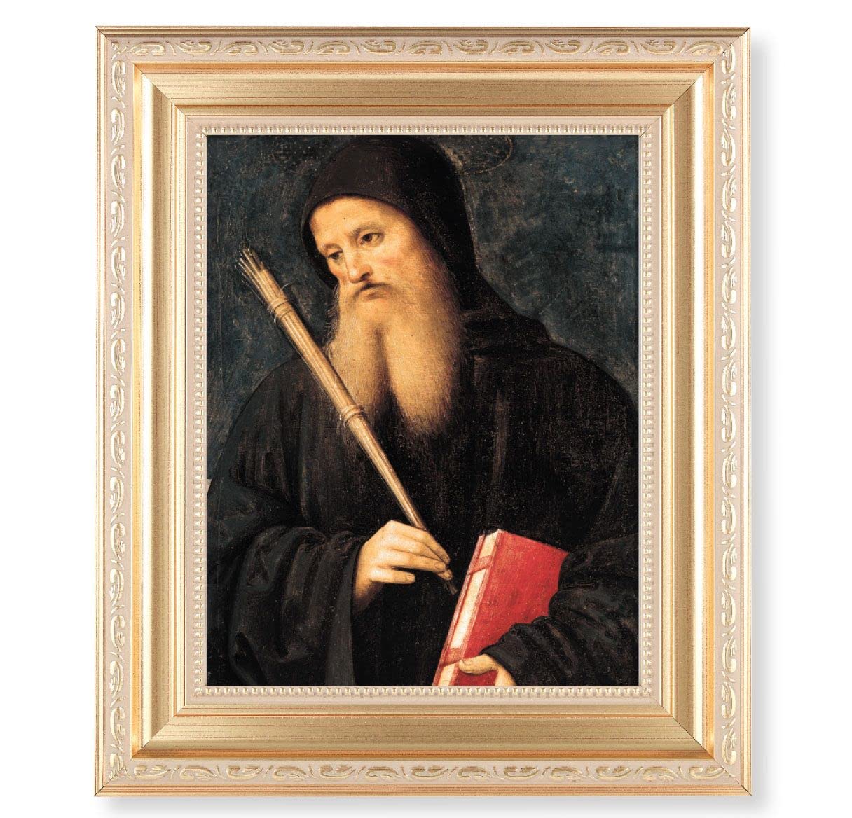 Perugino: St. Benedict, 11.5"x13.5" Satin Gold Frame, Distressed Finish with Scrollwork, Italian Print Under Glass # 26519