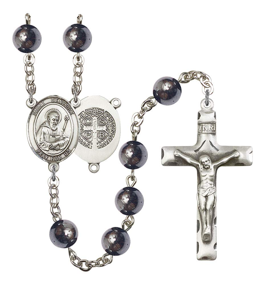 St. Benedict Rosary, 8mm Hematite Beads, Silver Plate, # 10971