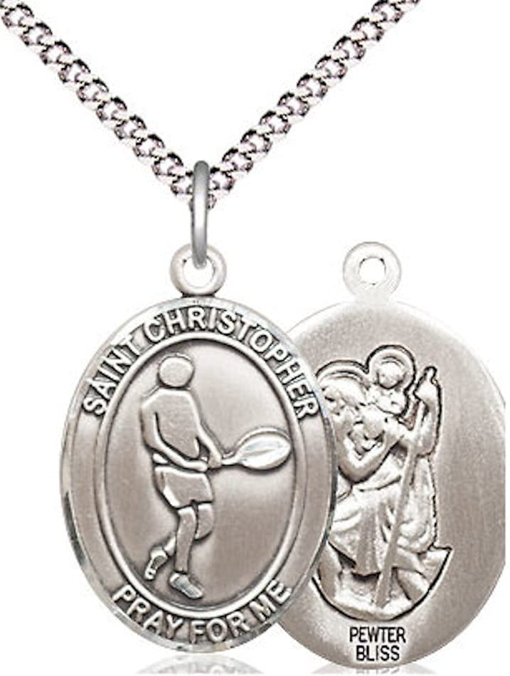 Tennis / St. Christopher Medal in Fine Pewter, 3/4", Your Choice of Chain # 17395