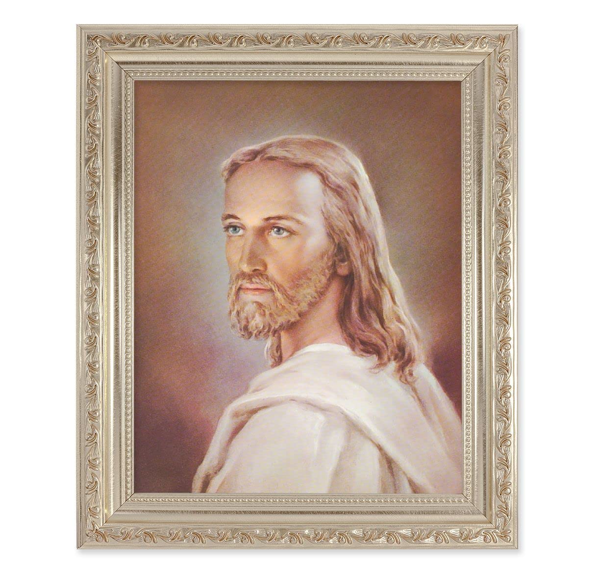 Head of Christ, 10"x12" Antique Silver & Carved Scrollwork Frame, Italian Print Under Glass # 26766