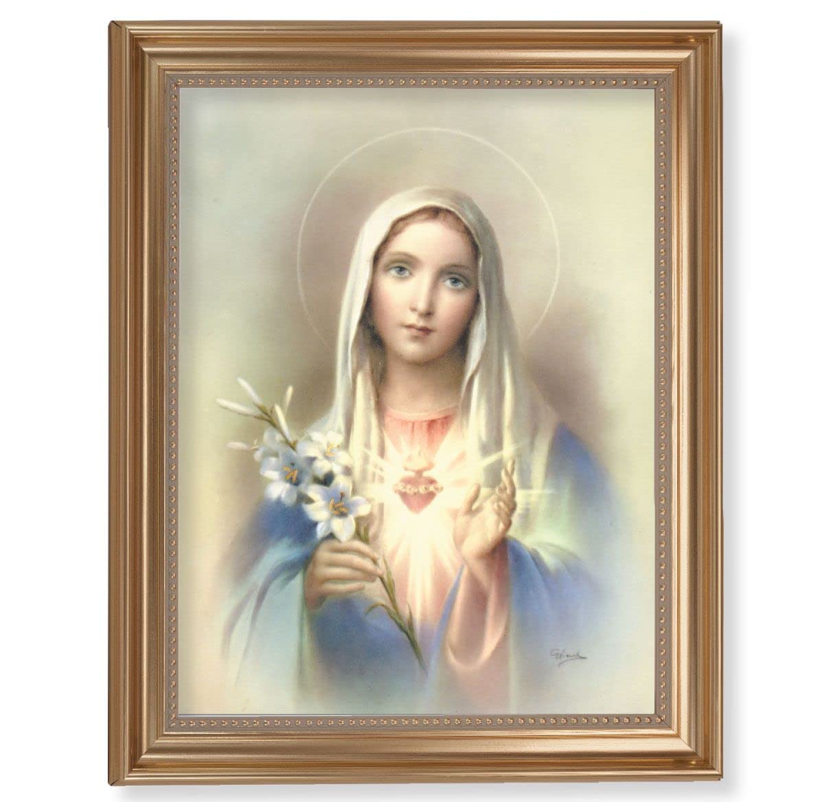 Immaculate Heart of Mary Picture, 13-1/2"x16-9/16 Gold-Leaf Fluted Frame with Beaded Lip, Textured Italian Print # 25242